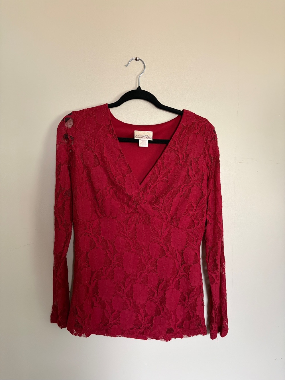Vintage Red Lace Long Sleeve Blouse Deep V Neck Romantic Y2K Fairycore - Picture 11 of 11